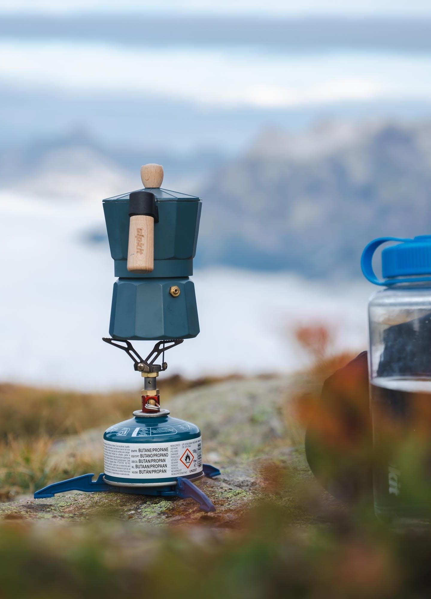 Alpkit Kraku camping stove heating a MyMokka coffee pot - closed