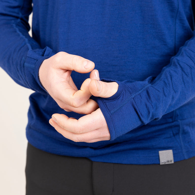 alpkit mens Kepler long sleeve merino baselayer in navy blue thumb loop cuff|tf