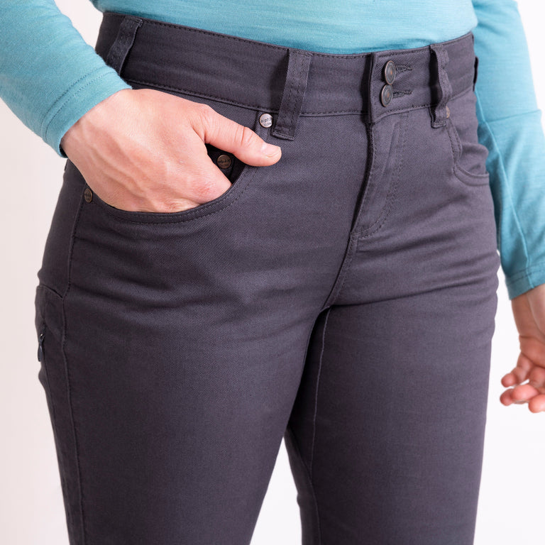 alpkit womens kraft trousers in outer tarmac grey waistband