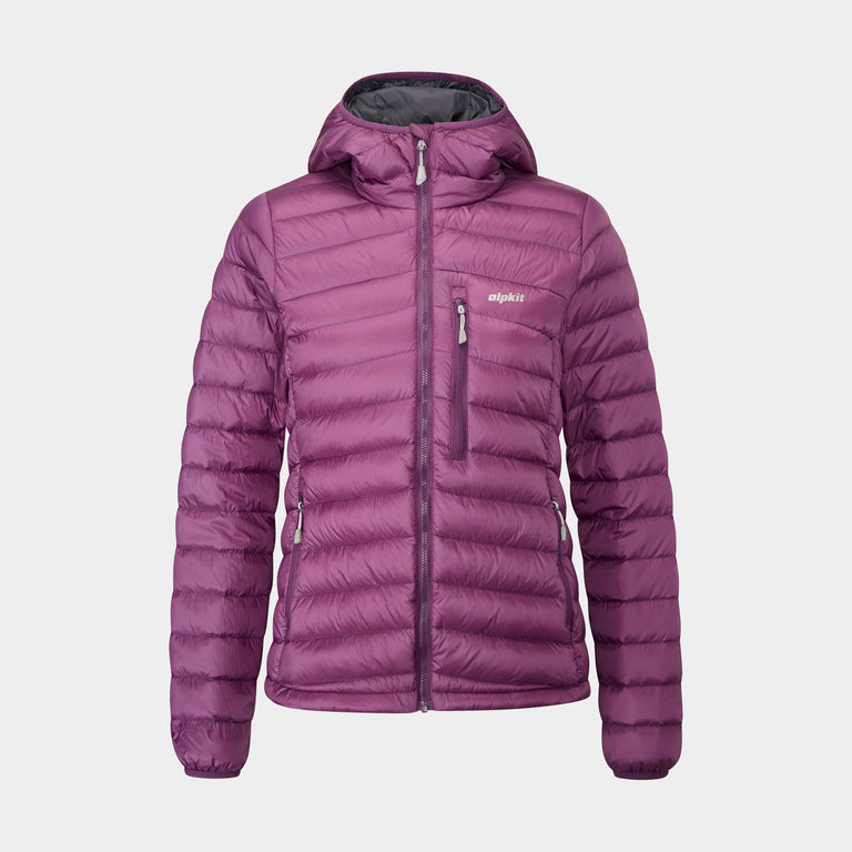 womens alpkit filoment hoody down jacket in grape - closed