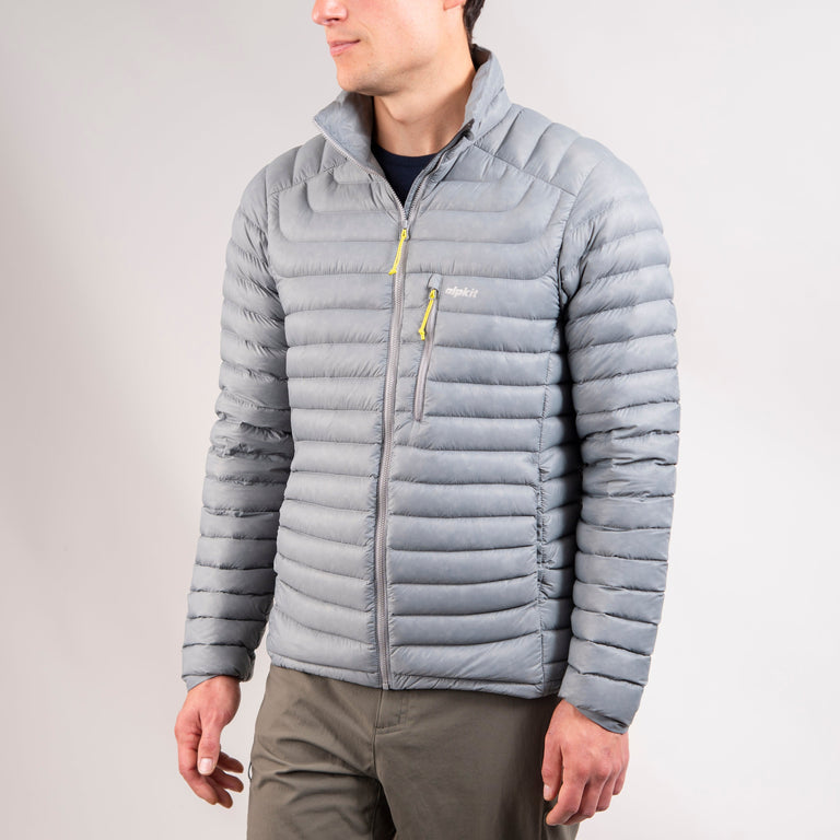 alpkit halogen mens ultralight down jacket in mercury front - detail|sl