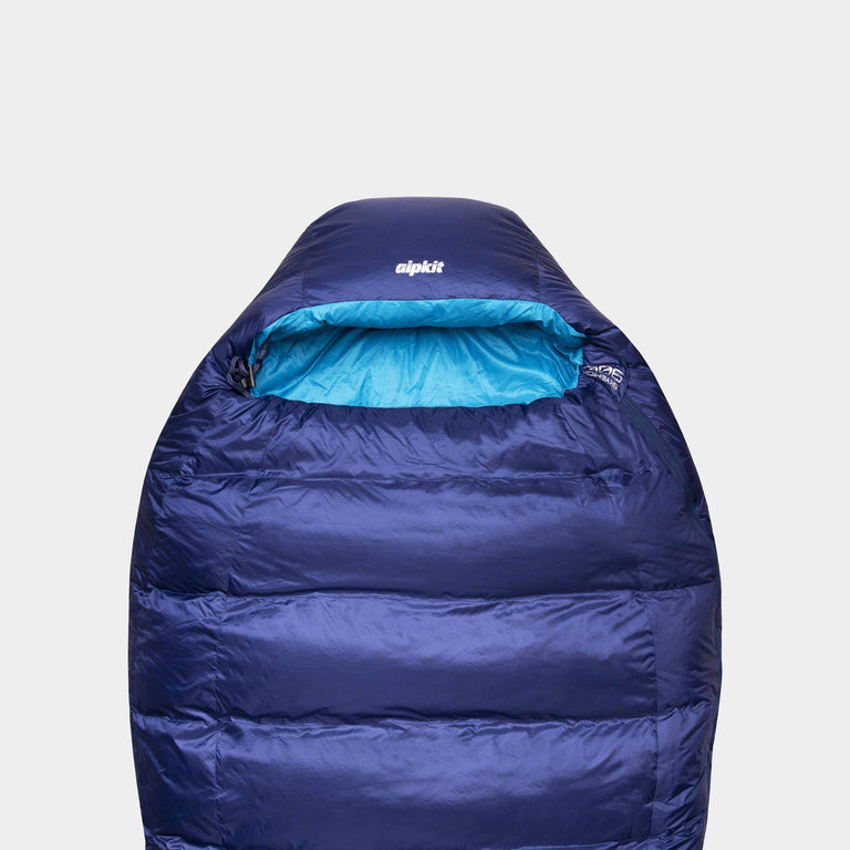 A blue SkyeHigh 900 sleeping bag with a visible blue interior lining and the Alpkit logo on the top.