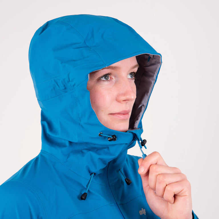 alpkit womens balance waterproof jacket in reef blue hood front|rg