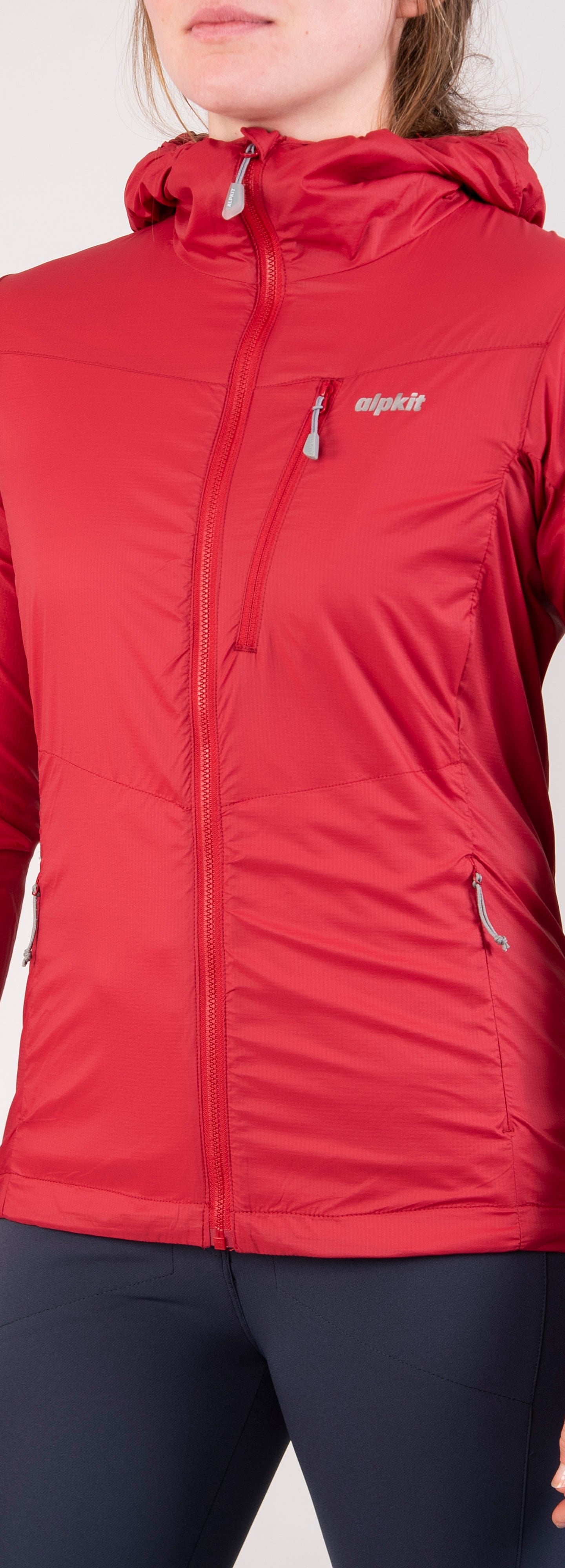 Alpkit women's Morphosis windproof jacket in Chilli red front - closed